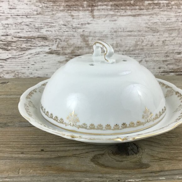 Covered Butter Dish and Strainer Victoria Austria Gold Trim Scalloped Handles - Picture 3 of 10